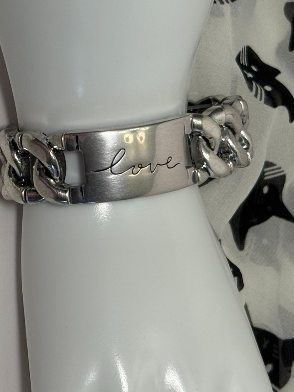 NEW Silver Tone Engraved Bracelet Love Bible Stretchy Distressed Chain Link